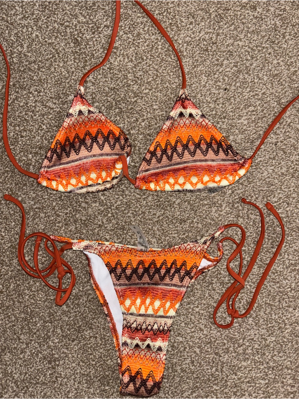 Orange Crochet-Style Tie Bikini Set